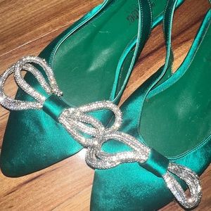 Stunning Green Sparkle Bow Slip Ons
